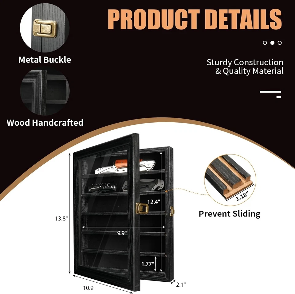 Vitrina de cuchillos con cerradura, caja de sombra de madera de montaje en pared, negra 10,9"x13,8" Foto 3 de 4