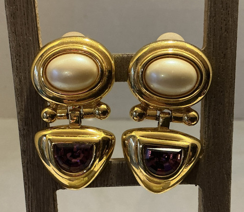 Vintage Joan Rivers Women’s Clip On Earrings Gold Tone Purple Crystal Faux Pearl