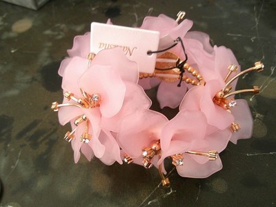 Natasha Couture Fushia Floral Statement Bracelet And Earrings NATASHA Goldtone Filigree and Rust Woven Thread Flower  main image 3