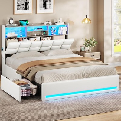 Full Size Bed Frame with Bookcase Headboard and Storage