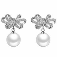 925 Sterling Silver Bow Knot Drop Earrings Pearls - CZ Bow & Pearl Dangle 351