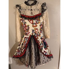 Sugar Skull Day of the Dead Lace Pom Pom Dress Fit Flare Costume Multi-Color XS