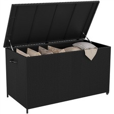 650L Garden Storage Box with Wheels PE Rattan Deck Box Waterproof Liner, Black
