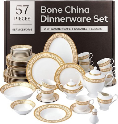Elegant 57-Piece Bone China Dinnerware Set for 8 with Golden Greek Key Design