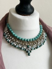 M&S Turquoise Beaded Statement Necklace Crystal Bib Gold Tone Costume Jeweller