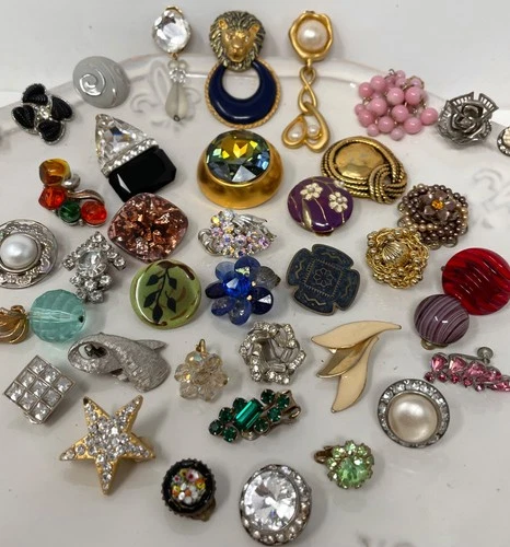 Lot Vtg Costume Jewelry Single Earrings Clip On Craft Repurpose Rhinestone M1