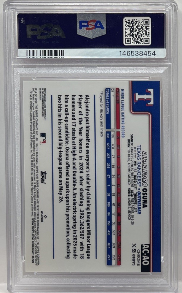 2025 Topps Chrome Update Alejandro Osuna Auto Orange Wave Refractor #2/25 PSA 10 view 2
