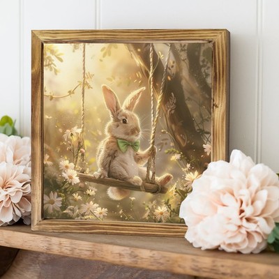 Vintage Lovely Easter Bunny Art Wooden Plaque Farmhouse Home Table Decoration