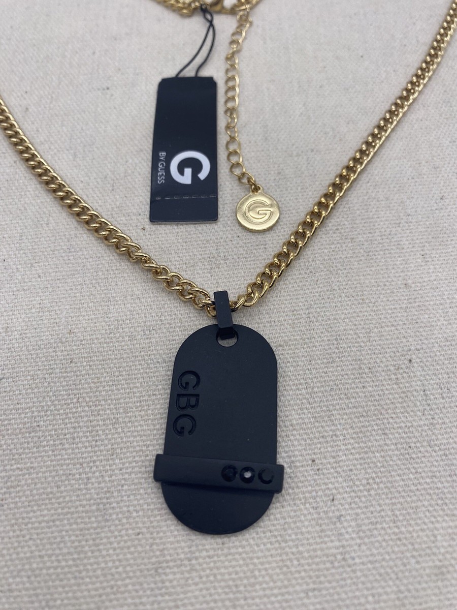 G By Guess Dog Tag Style Necklace Matte Black And Gold Tone 29