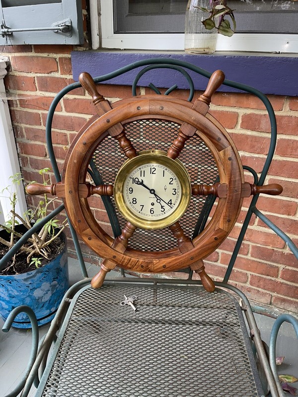 Chelsea Ships Clock W/ Wooden Wheel, 6” Diameter Dial, Circa 1960: