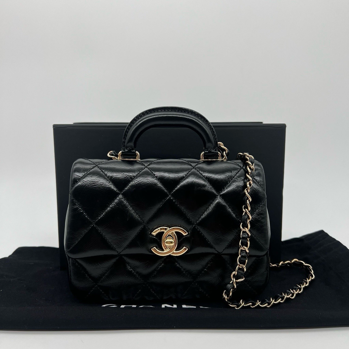 Chanel Mini Coco Trip Top Handle Flap Bag in Shiny Lambskin Black