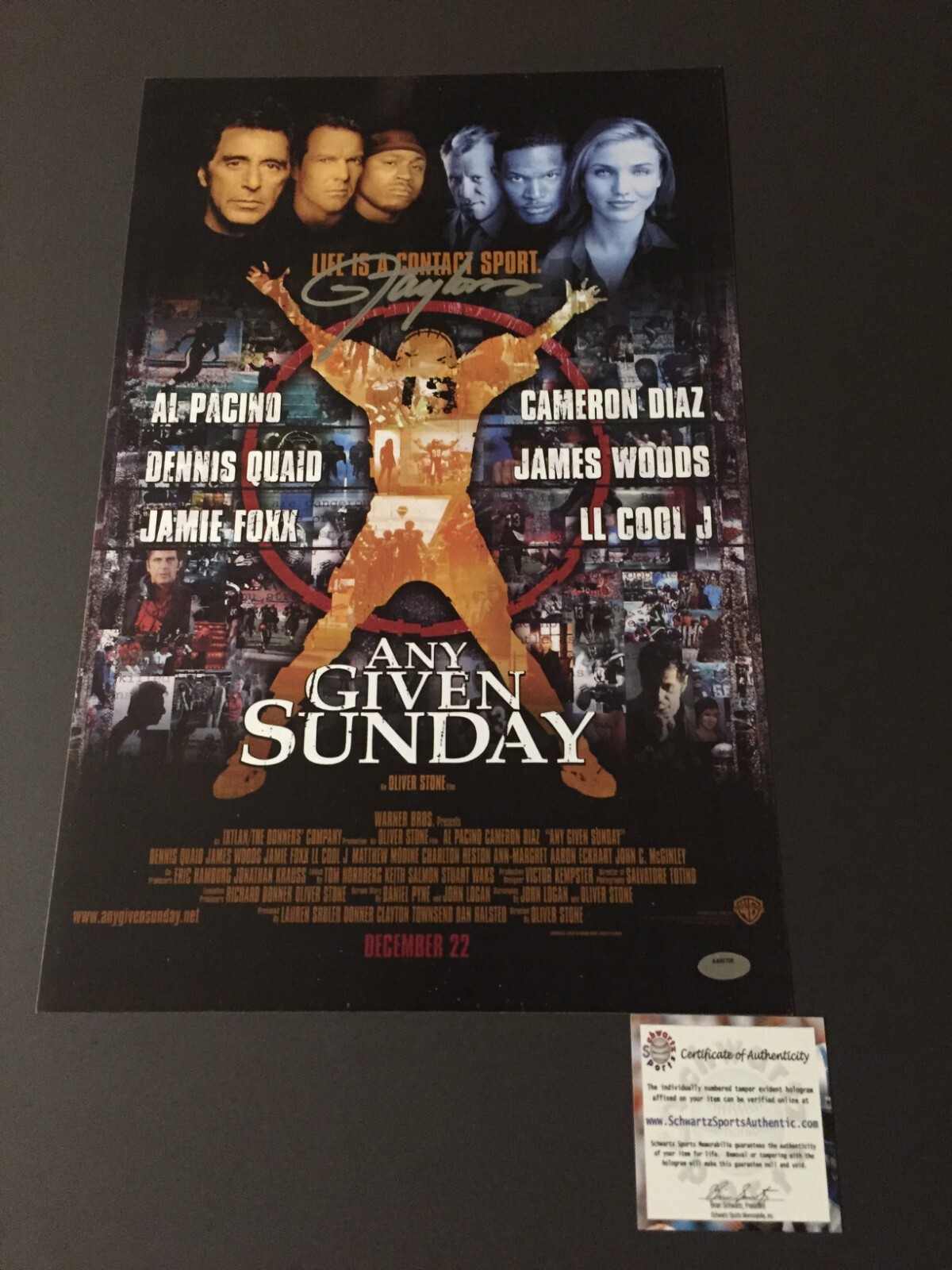Lawrence Taylor Autographed Signed Any Given Sunday 11X17 Movie Poster- Schwartz 