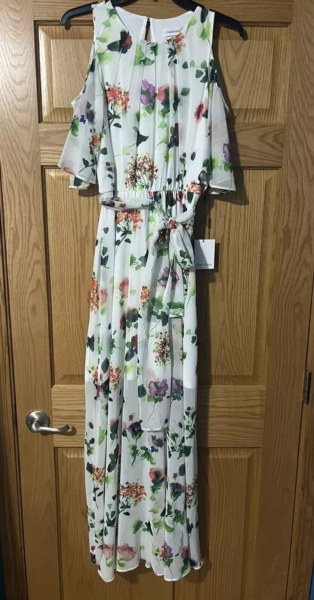 Calvin Klein Dress Size 8 New With Tags Long White Floral Cold Shoulder Flowy