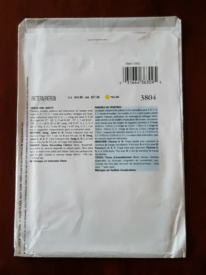 BUTTERICK PATTERN - 3804 SWAGS JABOT ROSETTES CURTAINS WINDOW TREATMENTS UNCUT - Image 2 of 2