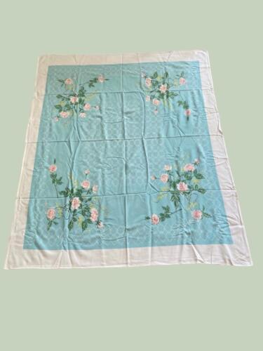 Vintage 1940's Screenprint tablecloth Blue with Pink Flowers 42" x 50" - Afbeelding 1 van 4