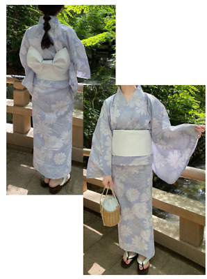 Japanese Kimono Yukata Set Dress light Blue Flower White obi Japanese Kimono Yukata Set Dress light Blue Flower White obi