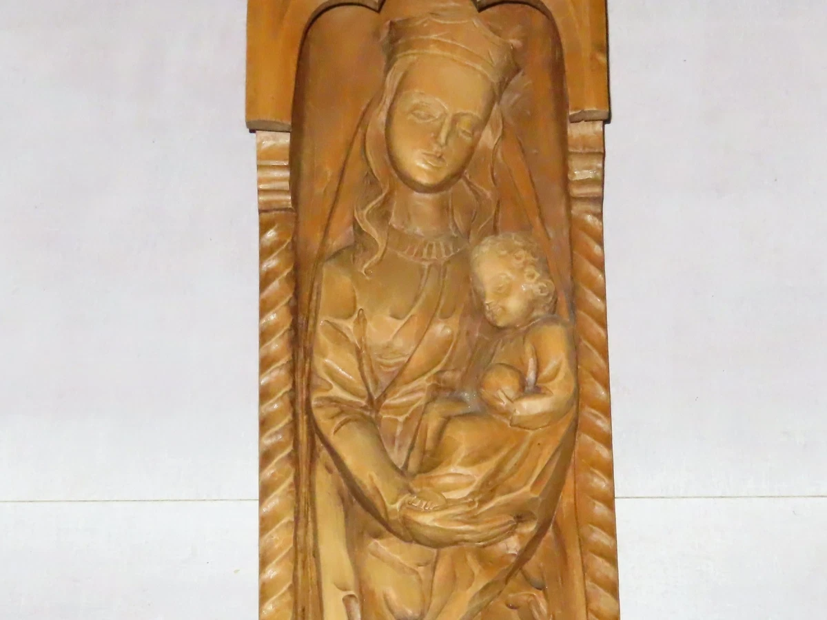 Heiligenfigur Holzfigur "Heilige Maria mit Jesuskind " Mondsichel Wandrelief!