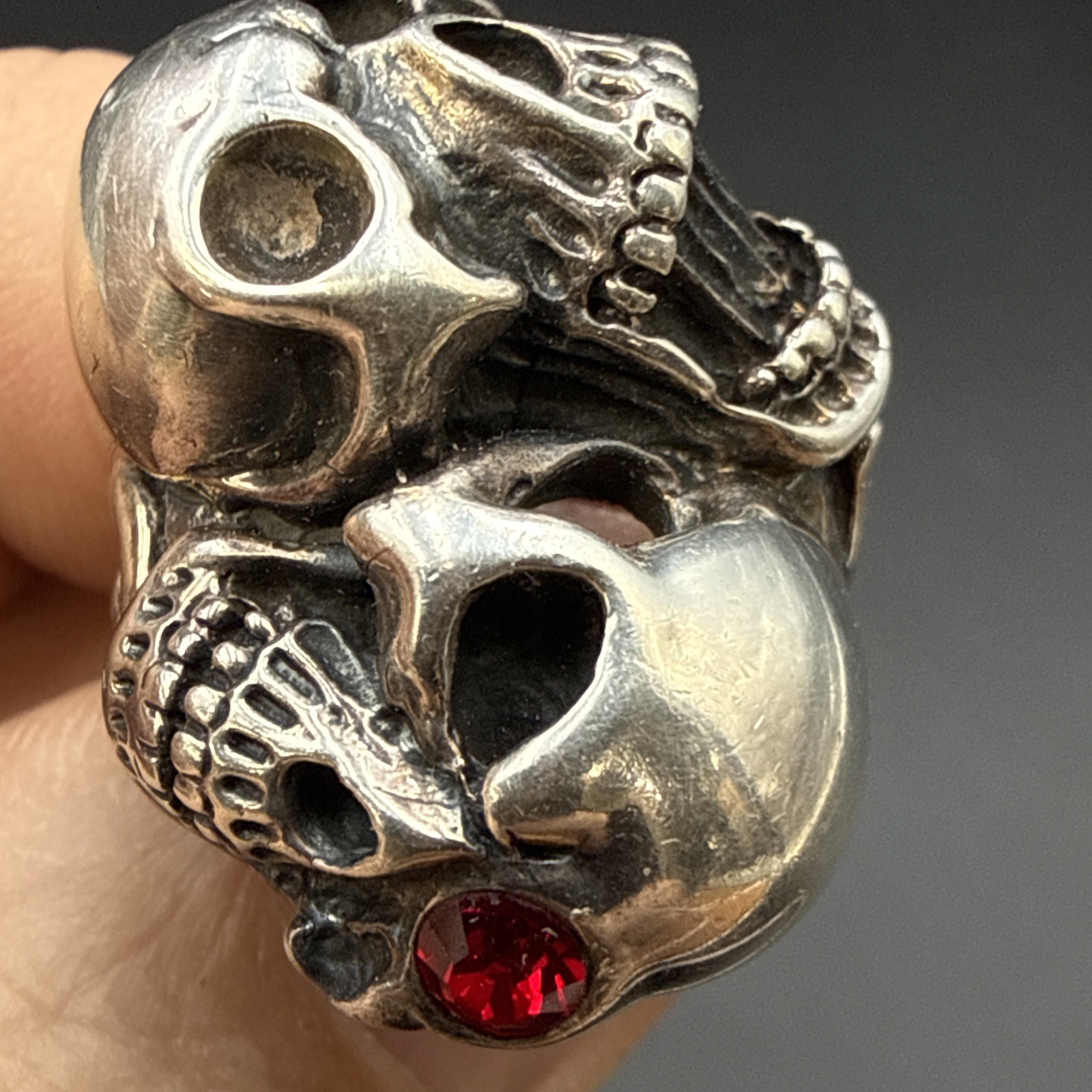 Biker Two Skull Ring Solid 925 Sterling Silver Sz… - image 1
