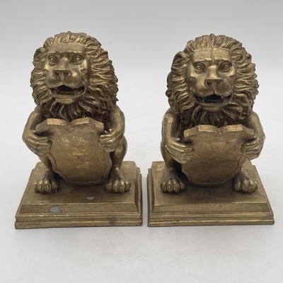 Vintage Gold  Lion Bookends Heavy Removable Shield Crest Decor Hollywood Regency