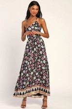 NWT Lulus Bohemian Bliss Black Floral Asymmetrical Backless Maxi Dress Small