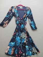 Eliza J Women 8 Dress Navy Floral Wrap V-Neck 3/4 Sleeve Midi Casual Party
