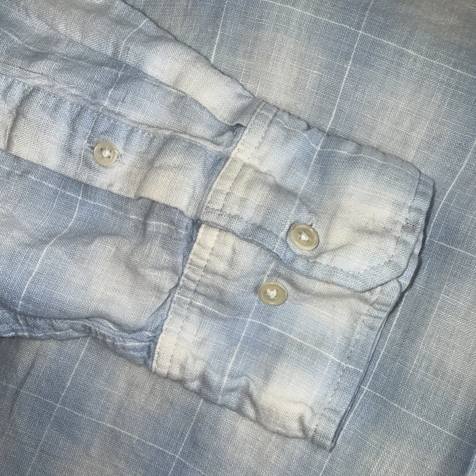 Camisa azul a cuadros de manga larga grande con botones de lino para hombre Raffi Linea Uomo Foto 3 de 4