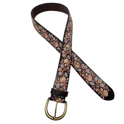 Lucky Brand M Brown Leather Floral Embroidered Belt Boho Western Cottage 