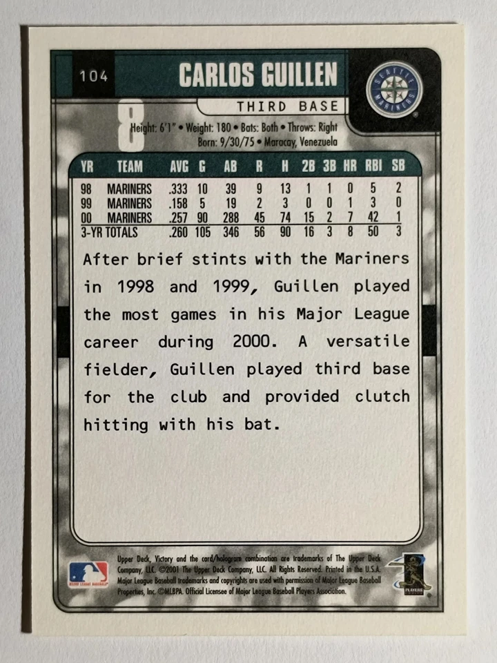 2001 Upper Deck Victory #104 Carlos Guillen - Image 2 of 2