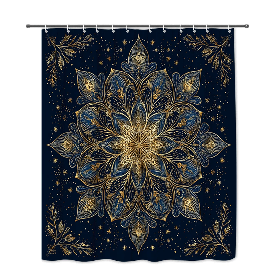 Mandala Dorado Azul Cortina de Ducha Boho Chic Baño Moderno Decoración del Hogar Foto 2 de 4