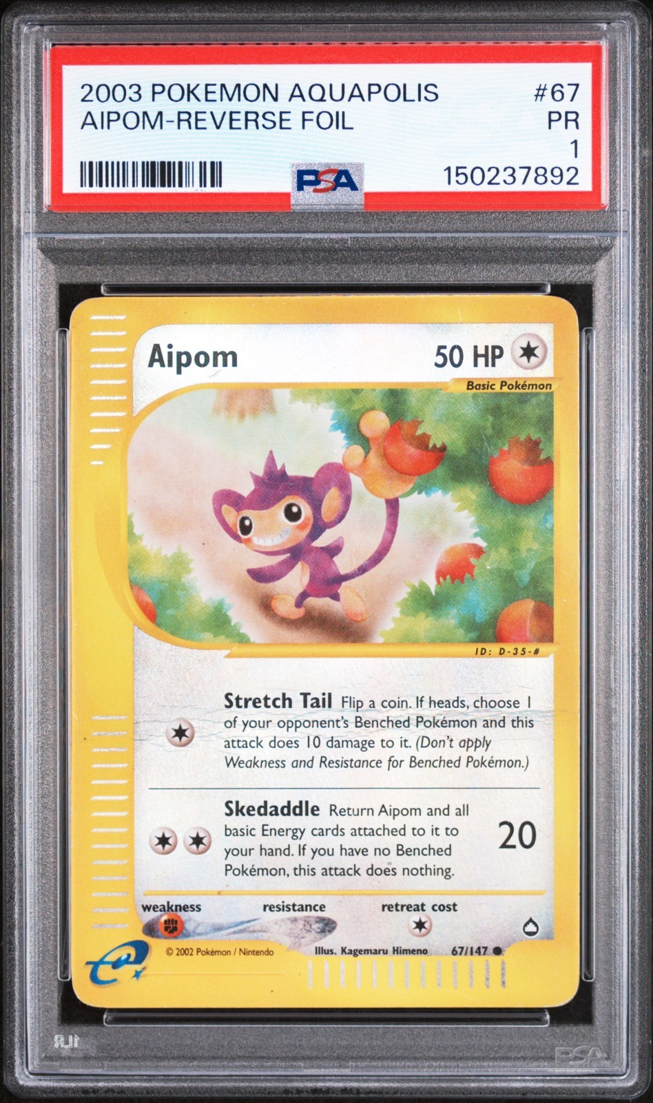 PSA 1 PR 2003 Aquapolis Aipom Reverse Holo Foil Rare 67/147 Vintage Pokemon