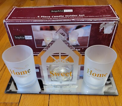 Vintage Sophia Elan Home Sweet Home Candle Holders Frosted Glass w/Mirror Base