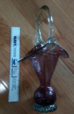 Unique old 14.5'' Amethyst Crackle Glass Vase Basket Applied Aqua Base/Handle 