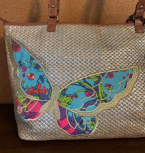 Sakroots Peace Butterfly Large Straw Tote Boho Purse w/ Embroidered Metallic - Picture 2 of 11
