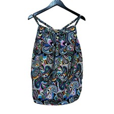 A Shore Fit Womens Tankini Top Black Multi-Color Printed Padded SZ 16W
