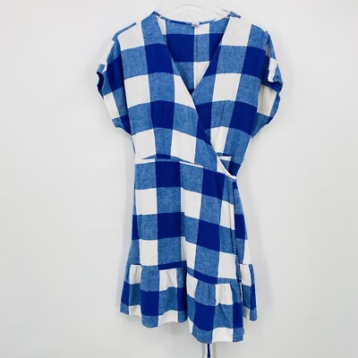 Old Navy Size Large Petite LP Blue White Plaid Linen Summer