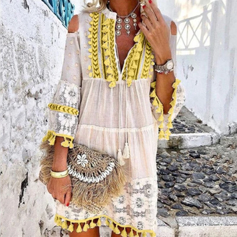 Embroidery Crochet Lace Boho Dress Women Tassel Ruffle Skirt V-Neck Beach  Dress