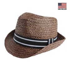 Ribbon Tie Straw Panama Fedora Trilby Cap Beach Sun Hat Womens Mens Summer