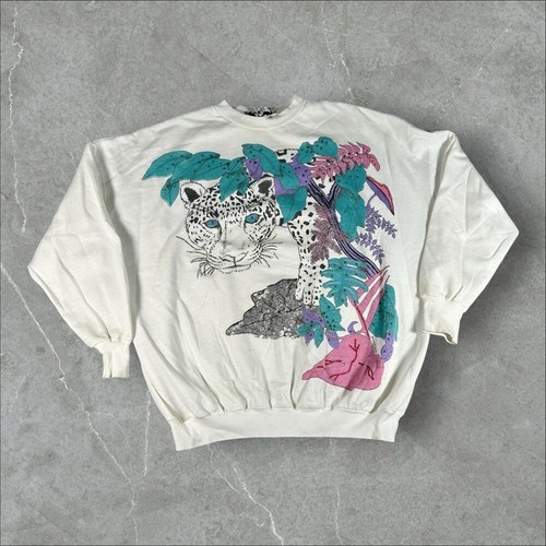 Vintage Natur Pullover Herren Medium weiß Tiger Scenery AOP 80s Crewneck Sweater
