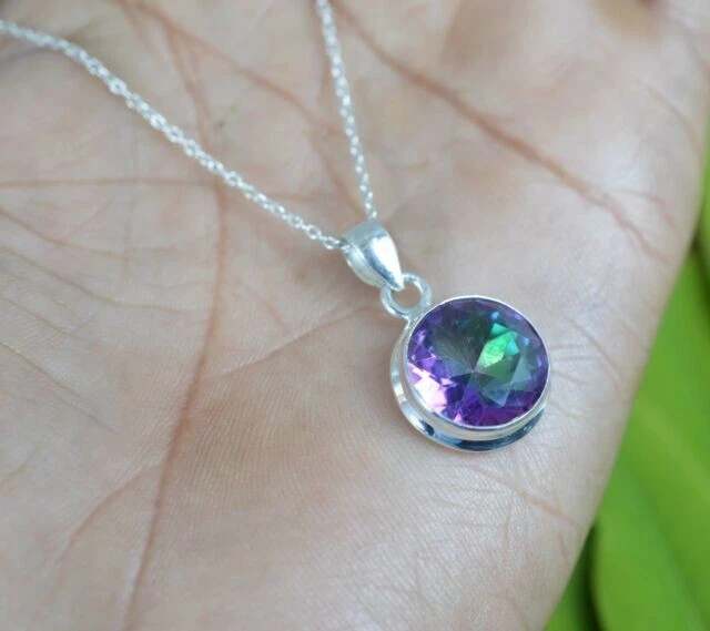 Topazio Mistico Rotondo Gemma 925 Argento Sterling Donna Collana Regalo Sister - Immagine 2 di 4