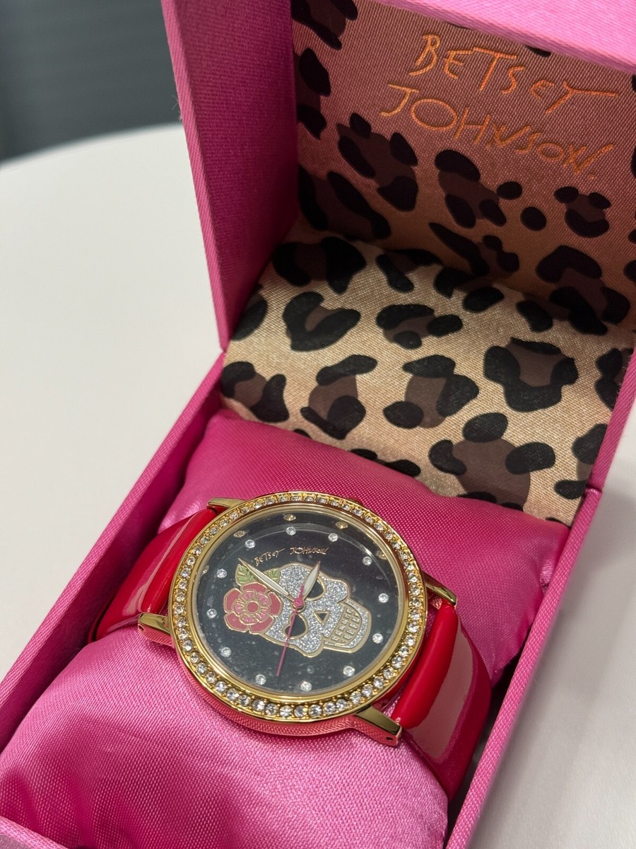 Betsy Johnson Gold Bling Sugar Skull Watch Red Leather Band  display picture 1
