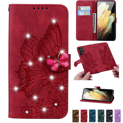 Diamond Butterfly Wallet Phone Case For Samsung S25 S24 S23 S22 S21 S20 Ultra