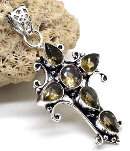 925 Sterling Silver Smoky Quartz Gemstone Handmade Jewelry Cross Pendant Size-2 - Afbeelding 1 van 8