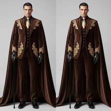 Men's Suits with Cape Brown Velvet Gold Applique Wedding Evening Party Prom 3pcs