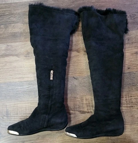 Baldinini Black Suede Over the Knee Boots Size 40 Fur Trim Metal Toe Caps Italy - product listing photo