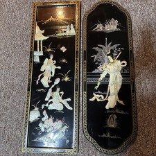 2 Vtg Asian Black Lacquer Mother Of Pearl Wall Panels Oriental Geishas 12x36”