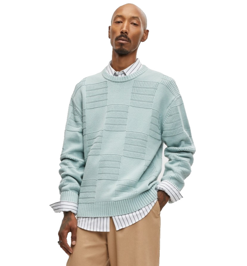 Mode of One Mens Long-Sleeve Relaxed-Fit Textured Check Sweater Blue Fin XXL 6590₽