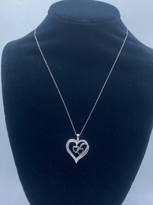 Sterling Silver Diamond "Two Mini Hearts in Heart" Necklace 4.2g