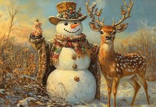 Grußkarte * Kunstlerkarte * Weihnachten * Schneemann mit Hirsch * Winterwald