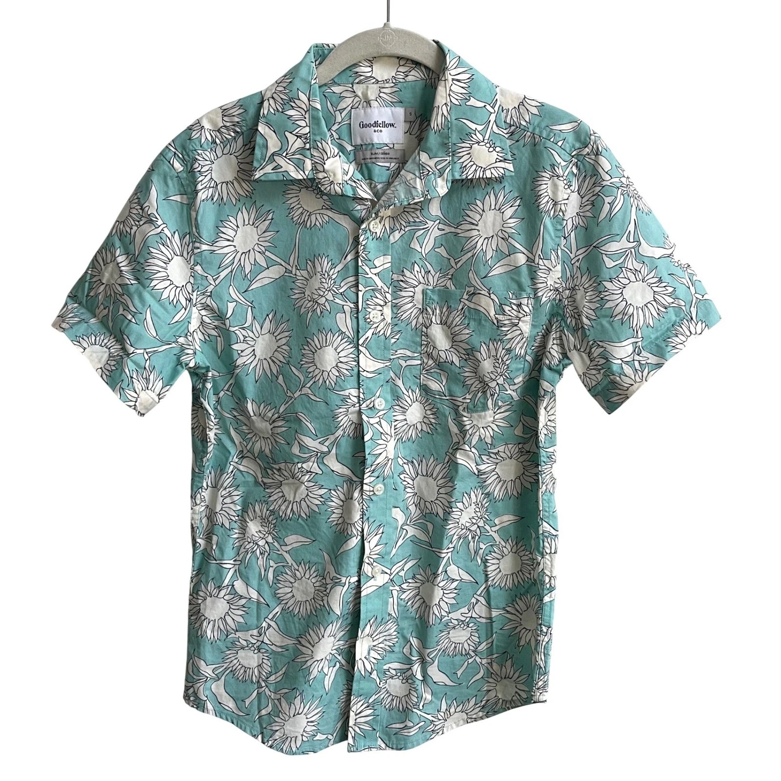 Goodfellow & Co Floral Shirt Men Small Teal Sunflower Slim Fit Short Sleeve Boho