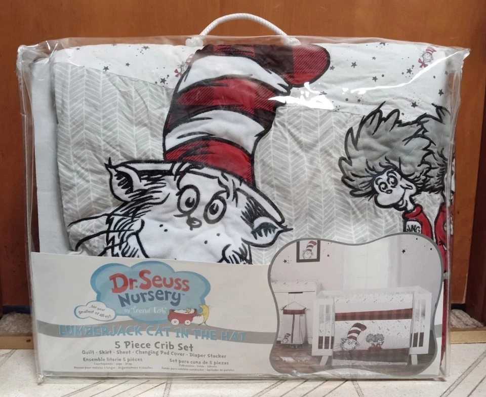 Juego de cuna de cinco piezas para guardería Dr. Seuss gato leñador en el sombrero tendencia a cuadros rojos Foto 2 de 4